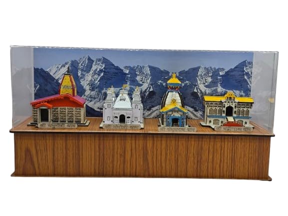 Wooden Chardham Mini Set Acrylic, Decorative Temple Model Collection with Display Case 18inch