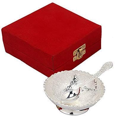 R Ayurveda Copper Metal Floral Dessert Bowl with Spoon Silver Plated in Gift Box for Wedding Home Decor Birthday Housewarming Festival Occassion Bowl Size 3.75 inches Box Size 4.75x4.75x2.25 inches