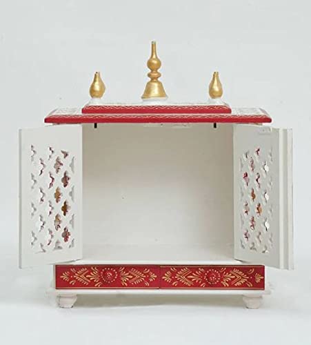 Jodhpur Handicrafts MDF Wood Home Temple Puja Mandir Home Temple Pooja Mandir with Door Pooja Room Stand (18 inch x 9 inch x 22 inch, White & Red)