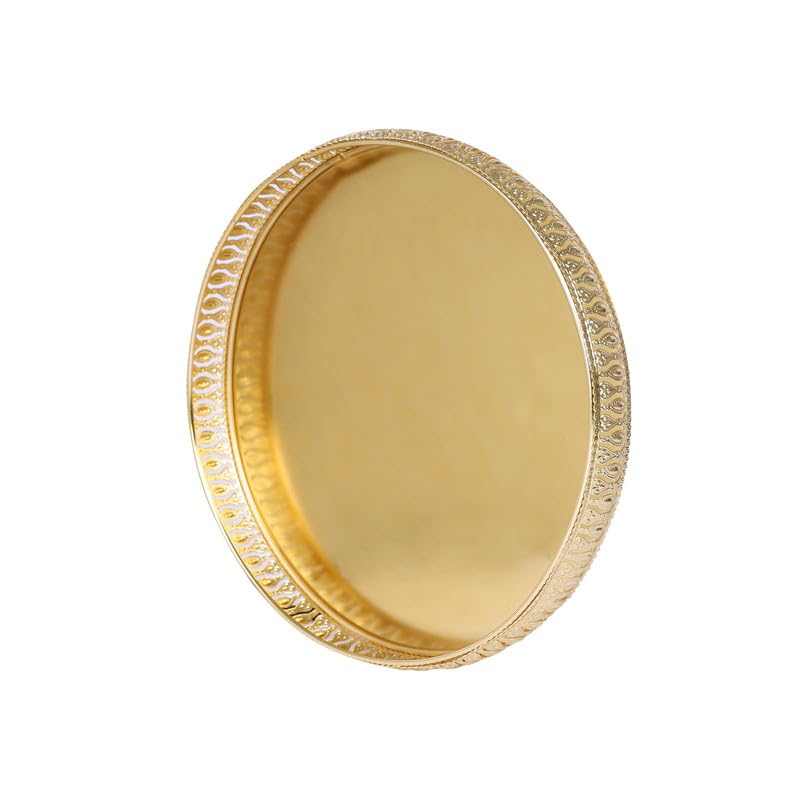 R Ayurveda Copper Decorative Golden Alloy Tray – 10 inches Round Vanity Organizer for Jewelry, Makeup, Perfume | Elegant Vintage Metal Tray for Bathroom, Dresser, or Gift Décor