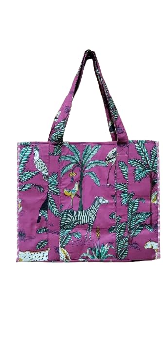 HOUSE OF GULAB Cotton Tote Bag Reusable Shopping Bag Printed Cloth Carry Bag with Long Handle Eco Friendly Grocery Storage Travel Bag for Men & Women 15x18 Inch (Dark Pink)