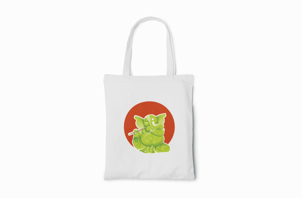 Green Ganesha - Canvas Tote Bag With Zipper by Anantakala (Eco-friendly Shopping Bag, Made of Cotton, Digital Print, Reusable, Washable)