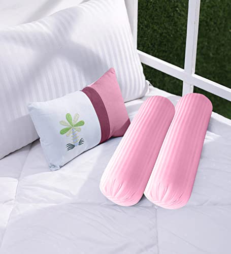 Trance Home Linen 100% Cotton 16x32 inch 200TC Striped Bolster Cover | Round Bed Side Long Bolster Pillow Cover to fit 24 Length 9 Dia | Pack of 2 Bolster Cover only (16x32 inch,Light Pink)