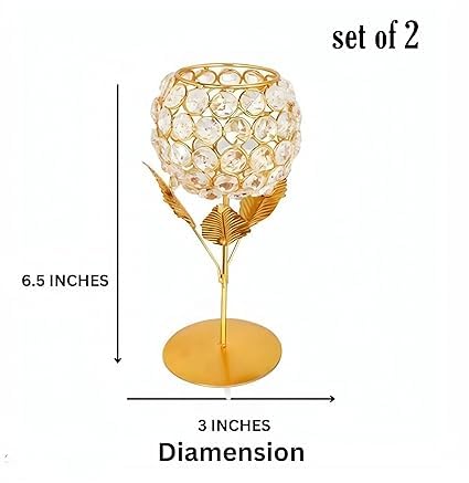 Larko India Gold Plated Crystal Candle Holder Tea Light Stand Votive | Decorative Tealight Holders for Home Office Living Room Indoor Garden Dining Centerpiece Decoration (Pack of 2)