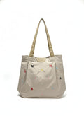 BAGILO Korean Style Heart Embroidery Tote Bag - Cute Shoulder Bag, Student Book Bag, Durable Ladies Handbag, Shopper Bag (White)