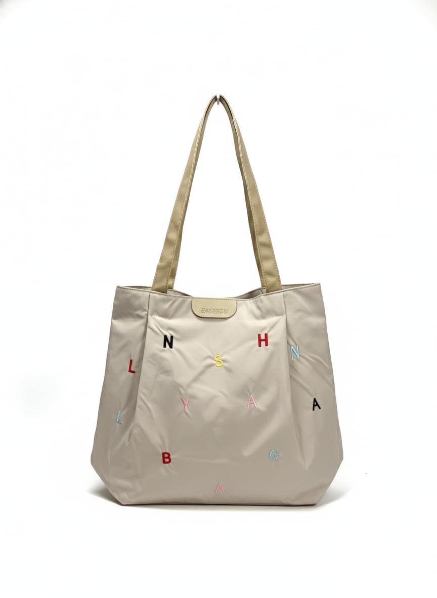 BAGILO Korean Style Heart Embroidery Tote Bag - Cute Shoulder Bag, Student Book Bag, Durable Ladies Handbag, Shopper Bag (White)