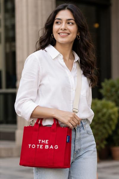 AQVA Small Tote Bag for Women with Pouch | 100% Cotton Canvas Mini Handbag | Stylish Shoulder Bag for Office, Travel, Daily Use (10x8x5 inch, Red)