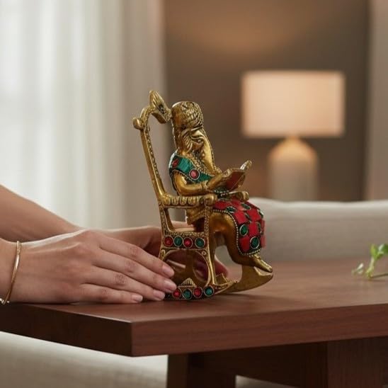 KridayKraft Chair Ganesha ji Reading Book with Stone Work,Ganesha Metal Statue,Ganpati Murti Idol for Pooja & Home,Office Décor Ganesh Idol Religious Showpiece for Decoration & Gifting Article