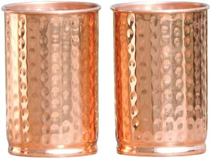 HEALTHANDWEALTH Set of 2 Hand Crafted Hammered Copper Tumbler | Pure Copper Water Mug | 350 Ml for Ayurvedic Health Benifits