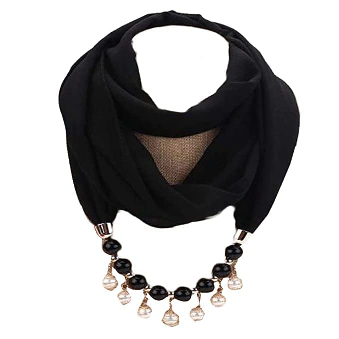 Malvina Plain Design Necklace Scarf For Women Fashion Pearl Necklace Wrapped Chiffon Scarf (Black)