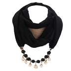 Malvina Plain Design Necklace Scarf For Women Fashion Pearl Necklace Wrapped Chiffon Scarf (Black)