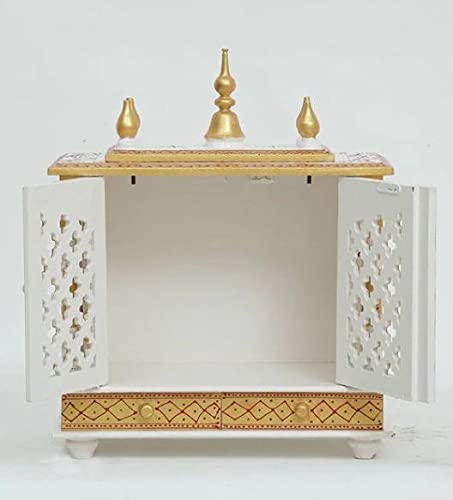 Jodhpur Handicrafts MDF Wood Home Temple Puja Mandir with Storage Wall-Mounted Wooden Mandir Traditional Wooden Pooja Temple (18 inch x 9 inch x 22 inch, White & Golden)
