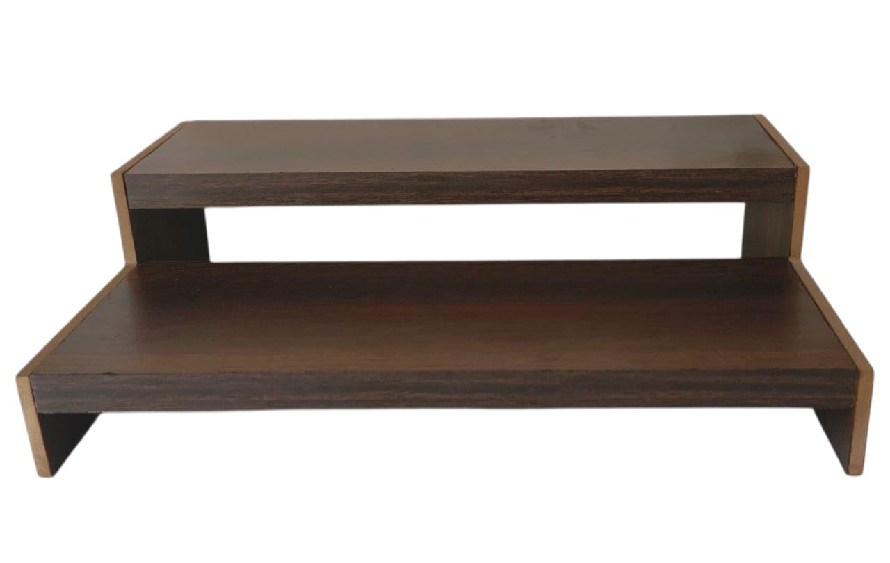 Traditional Wooden Teak Puja Chowki, Two-Tier Prayer Table Stand, Dark Brown Finish, Temple Platform for Religious Ceremonies