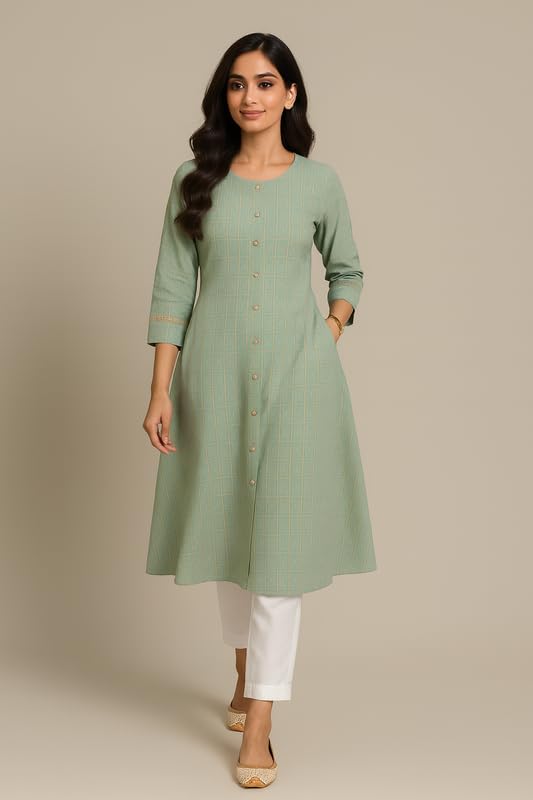 NOOR APPAREL Subtle Golden Geometric Block Print Kurta for Women Color-Pastel Aqua Green- S
