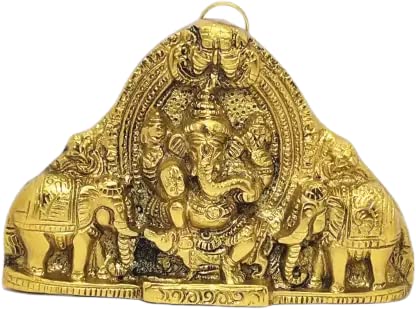 KridayKraft Ganesh Wall Hanging with Elephants for Door Entrance Decorative Showpiece - 12 cm (Aluminium, Gold)