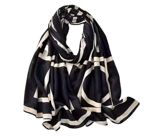 Women’s Black and White Geometory Pattern Print Border Scarf – Versatile Modest Hijab, Print Shawl/Stole for All Occasions
