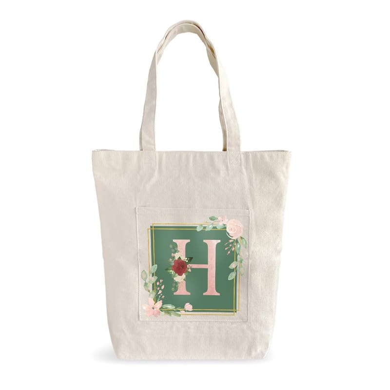 Zoomin Spacious Cotton Tote Bag with Zip Closure and Double Inner Pockets | Soft Fabric Shopping Bag with 60cm Long Handle | Multipurpose For Travel or Daily Essentials (Design - Bouquet Monogram H)