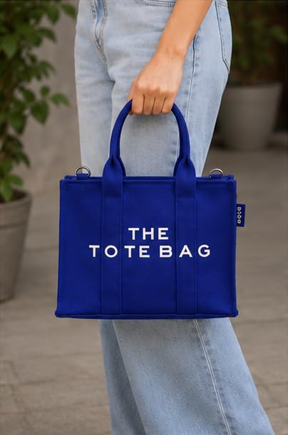 AQVA Small Tote Bag for Women with Pouch | 100% Cotton Canvas Mini Handbag | Stylish Shoulder Bag for Office, Travel, Daily Use (10x8x5 inch, Royal Blue)