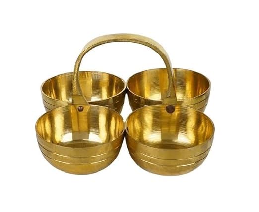 Awadh Brass Metal Chowmukh/Puja, Roli, Chawal, Mishri/Chowmukh/Patra/Haldi Kumkum Holder 4 Bowl Stand Holder (Medium Size) Set of -1 PCS