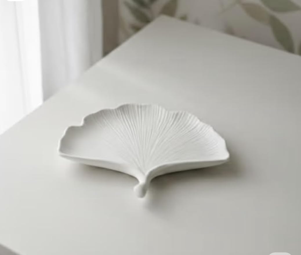 Swecha Studio Handcrafted White Concrete Ginkgo Leaf Tray, Jewelry Organizer, Ring Holder, Keys and Coin Dish, Decorative Vanity Entryway Coffee Table Décor