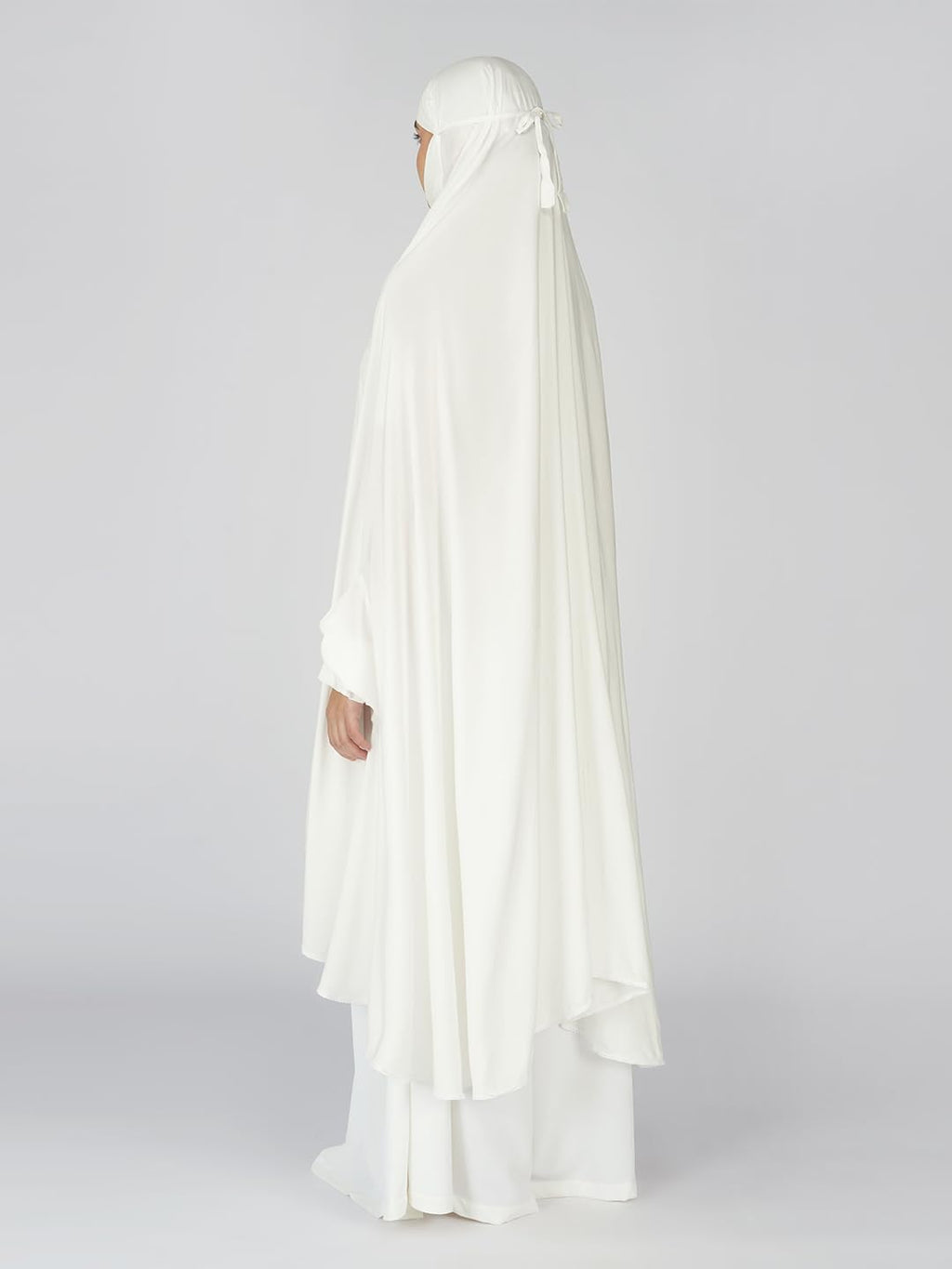 ANAApparels ANA Raha White Solid Prayer Dress – Premium Modal Namaz Makhna with Tie Knot | 50″ Front × 58″ Back | Attached Sleeves | Lightweight, Breathable, Ready to Wear for Hajj, Umrah & Salah