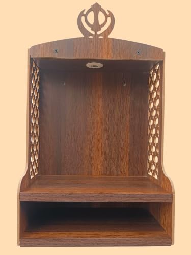 Premium Wooden Wall Pooja Mandir with Built in LED Light, Sikh Khanda Top Design, Stylish Prayer Temple for Home, Office
