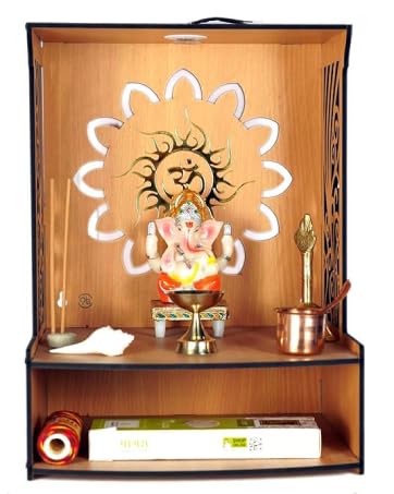 9br® Laabh Beautiful Wooden Pooja Stand for Home Pooja Mandir for Home Temple for Home and Office, with LED Spot Light Size (H- 15.5, L- 11.5, W-11 in)