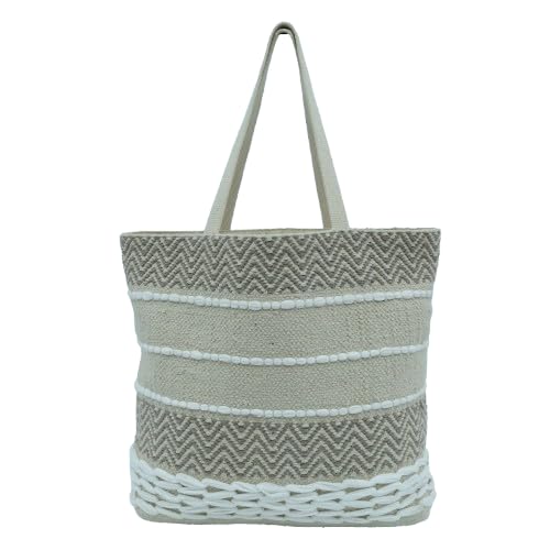 DOLCE CASA Large Eco-Friendly Handmade Boho Cotton Handbag For Cloth Shopping Bags For Market Carry Milk, Fruits, And Vegetables jhola bag, 20×5×15 Inches (1, White/Beige, 20 X 5 X 15)