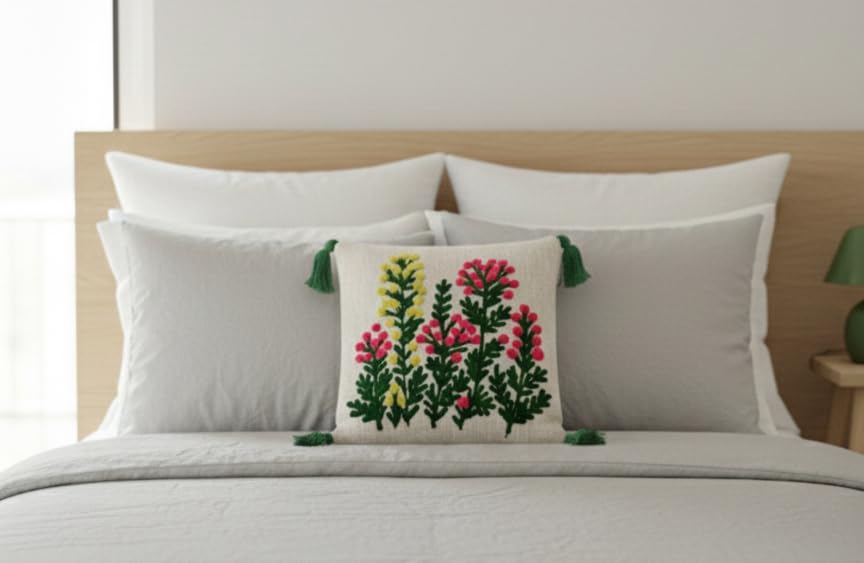 Furnistitchs Handmade Tufted Boho Cushion Covers 12x12 Inches | Embroidered Sofa Pillow Cases | Rustic Bohemian Decorative Throw Cushions for Couch Bedroom Living Room (1, Floral Drops)
