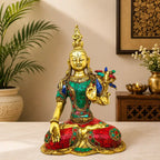 Brass Stone work Sitting Tara Devi Idol (11 Inch) Vedansh Craft
