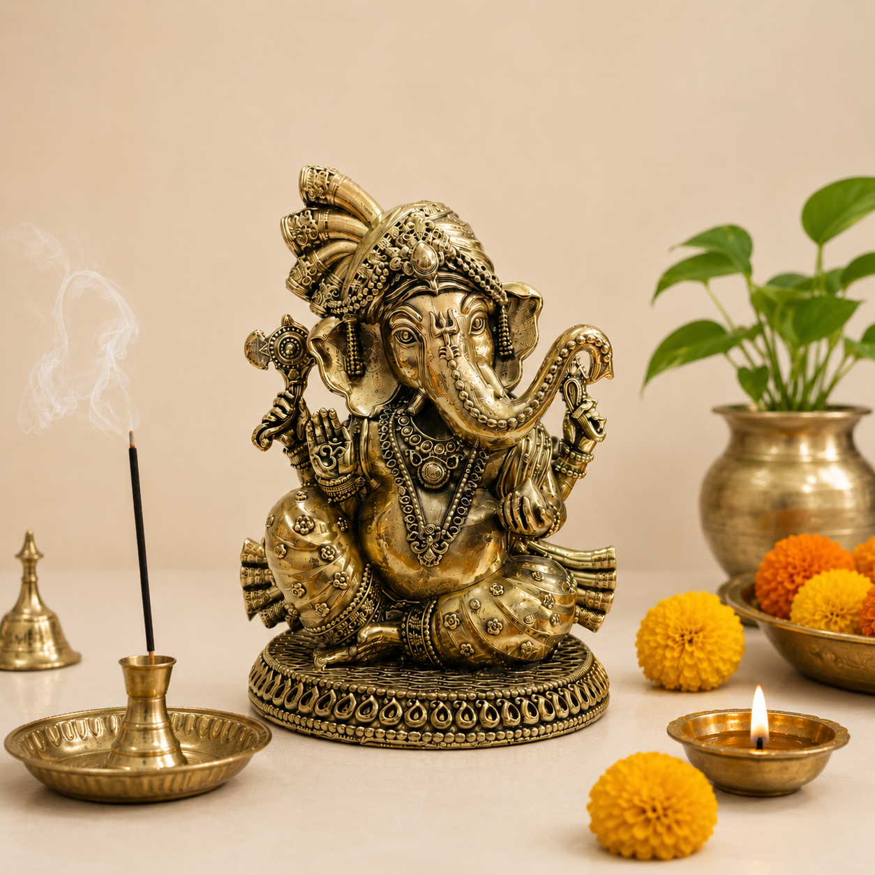 Brass Lightweight Sitting Pagdi Ganesha Idol (5 Inch) Vedansh Craft