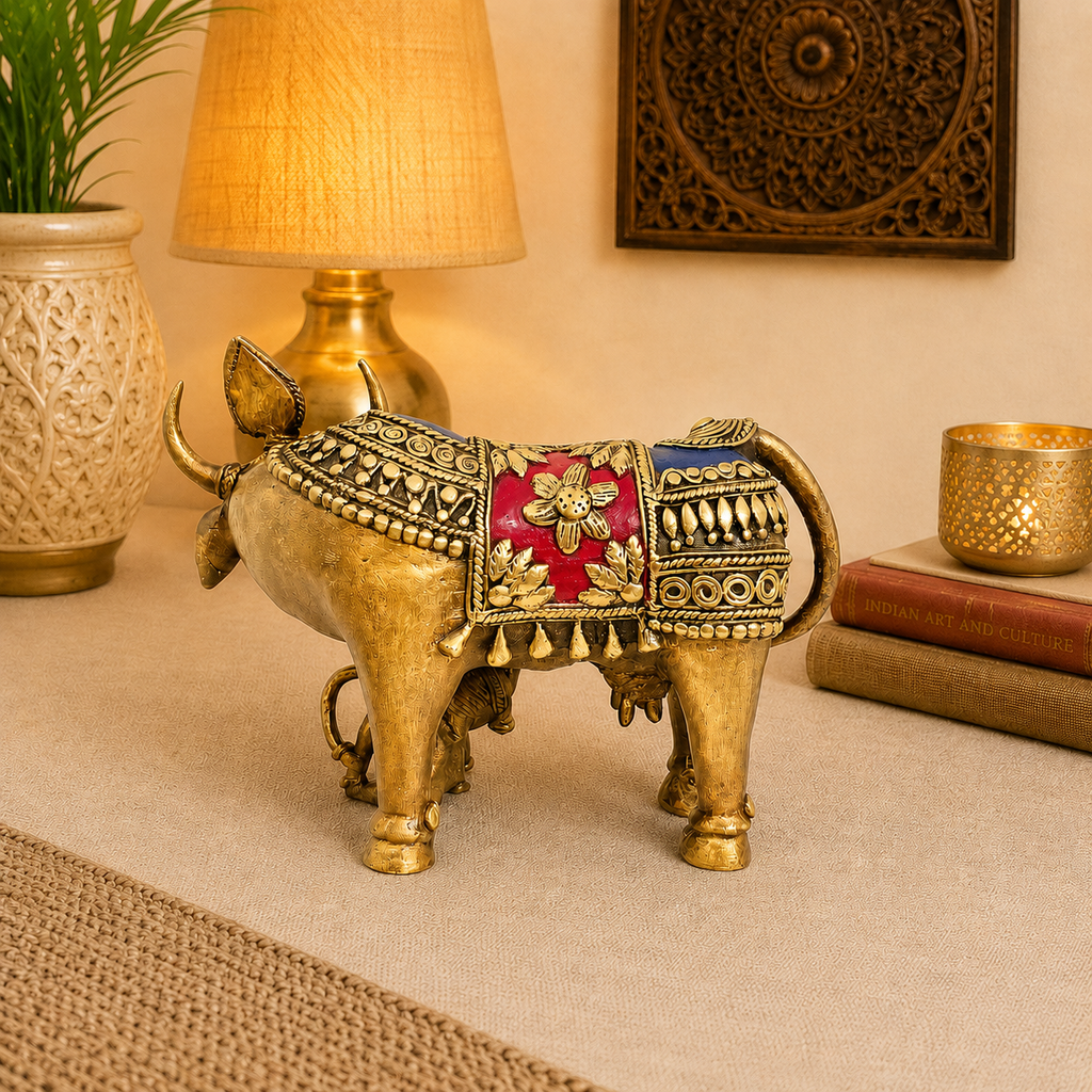 Brass Dhokra Kamdhenu Cow with Calf Statue (6.5 Inch) Vedansh Craft