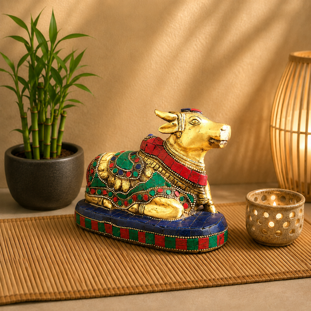 Brass Stone Work Sitting Nandi Idol (4.5 Inch) Vedansh Craft