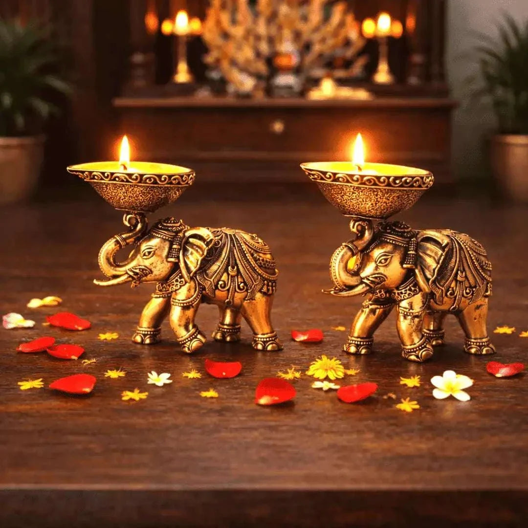 Brass Lightweight Elephant Standing Diya Pair Vedansh Craft