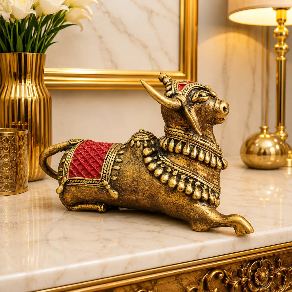 Brass Handcrafted Dhokra Sitting Nandi Idol (4.5 Inch) Vedansh Craft