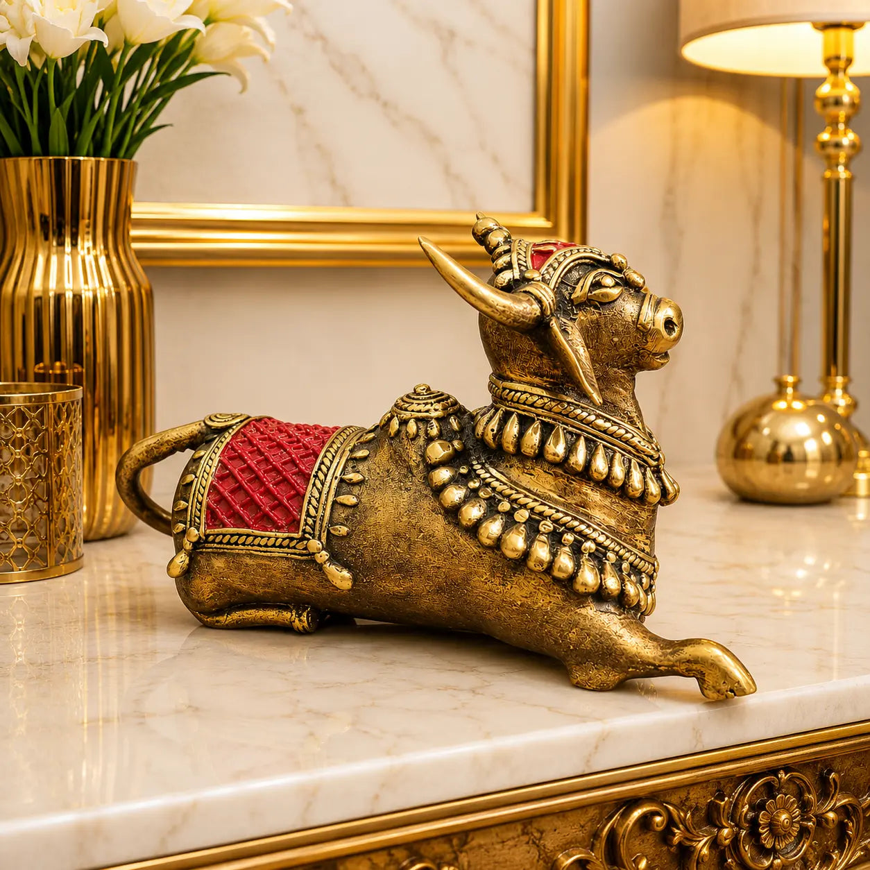 Brass Handcrafted Dhokra Sitting Nandi Idol (4.5 Inch) Vedansh Craft