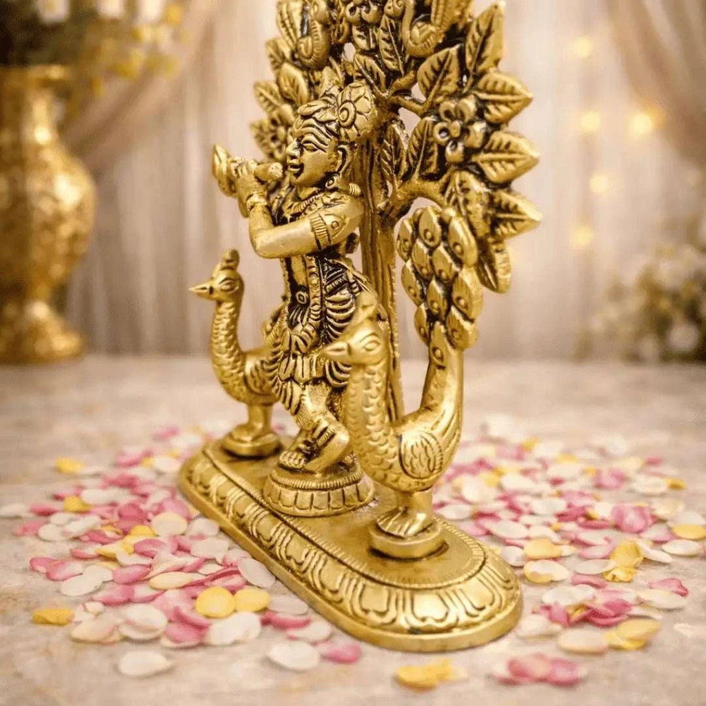 Brass Lord Krishna Standing Statue With Tree And Peacock (5 Inch) Vedansh Craft