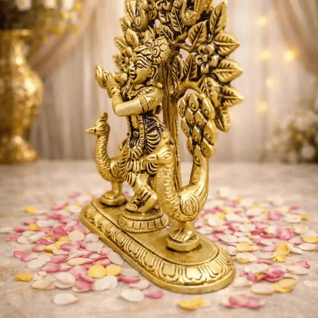Brass Lord Krishna Standing Statue With Tree And Peacock (5 Inch) Vedansh Craft