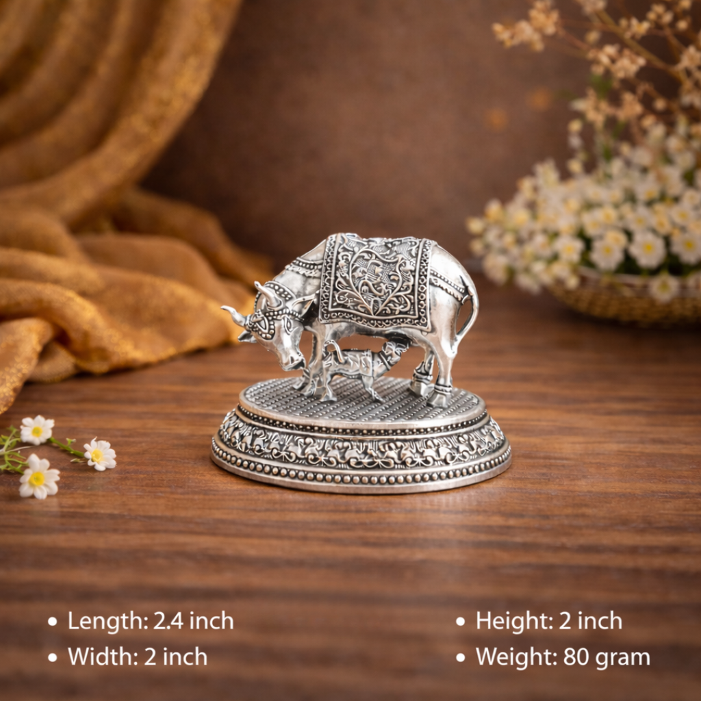 Brass Silver Plated Kamdhenu Cow With Calf Lightweight Idol (2 Inch) Vedansh Craft