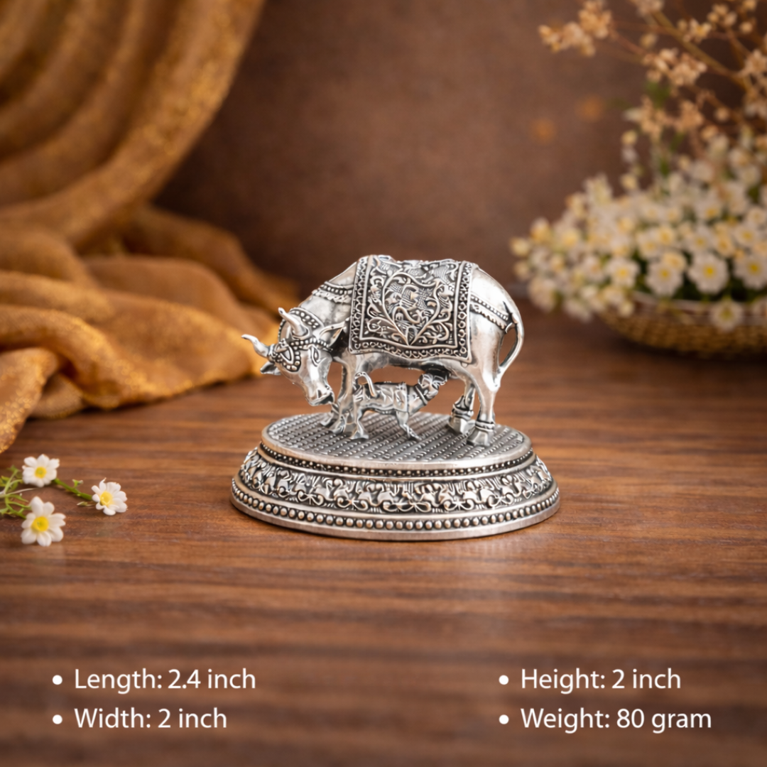 Brass Silver Plated Kamdhenu Cow With Calf Lightweight Idol (2 Inch) Vedansh Craft