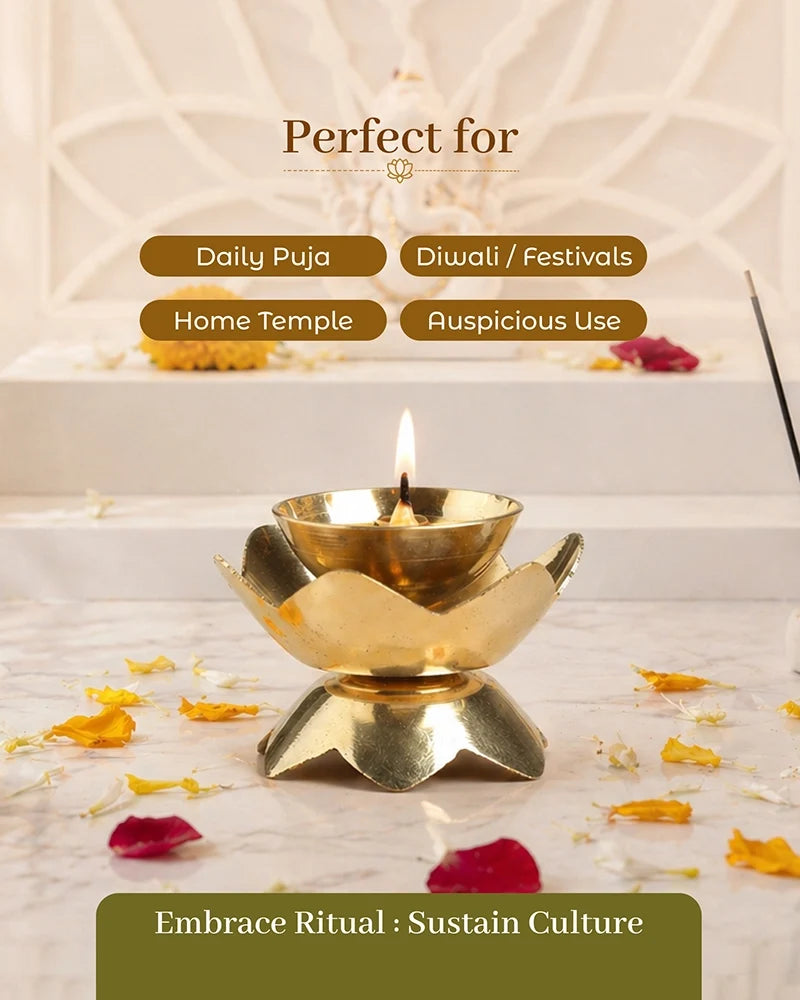 Brass Lotus Diya for Pooja Room & Home Temple Decor (Gold)