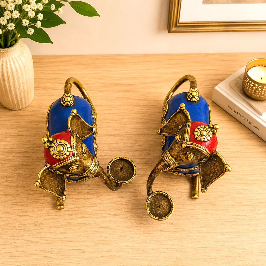 Brass Dhokra Sitting Elephant Statue Set With Candle Holder (5 Inch) Vedansh Craft