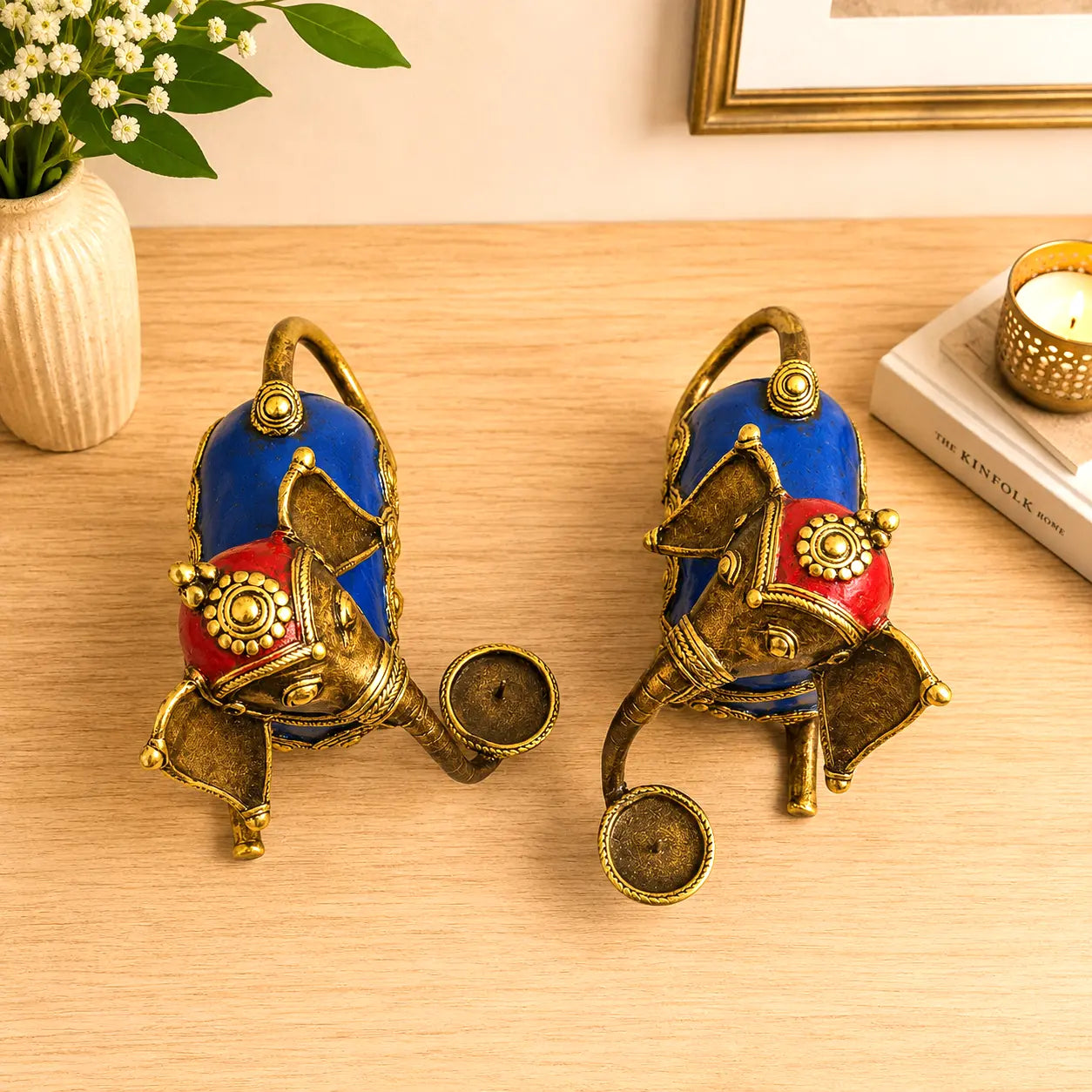 Brass Dhokra Sitting Elephant Statue Set With Candle Holder (5 Inch) Vedansh Craft