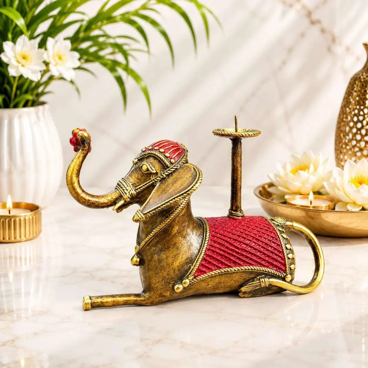 Brass Dhokra Sitting Elephant Statue With Candle Holder (5 Inch) Vedansh Craft