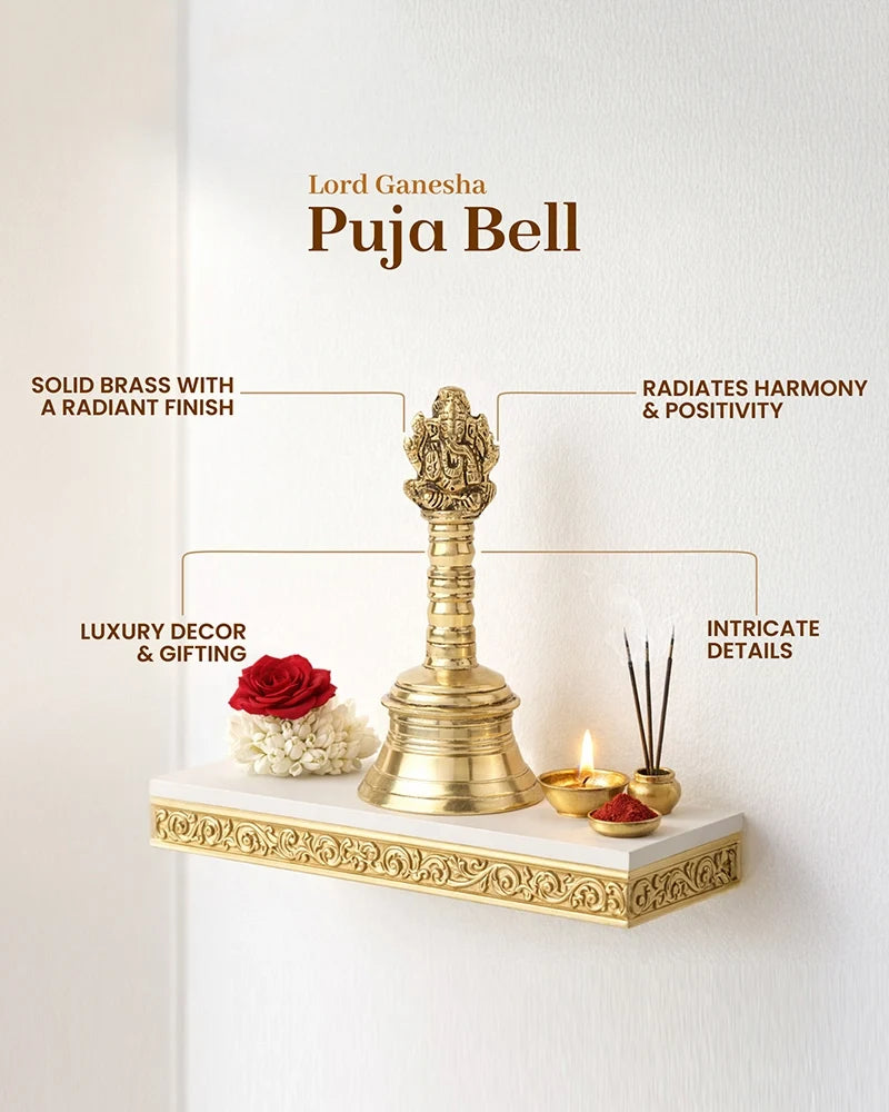 Brass Pooja Bell with Ganesh Sitting on Top for Home Decor