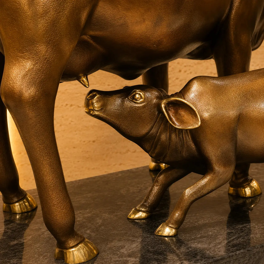 Brass Majestic Kamdhenu Cow with Calf Idol on Granite Base (33 Inch) Vedansh Craft