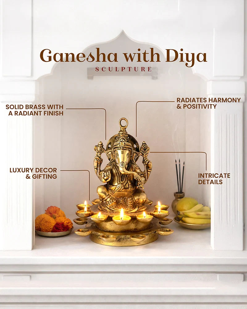 Brass Ganesh Sitting on Diya for Pooja and Home Decoration