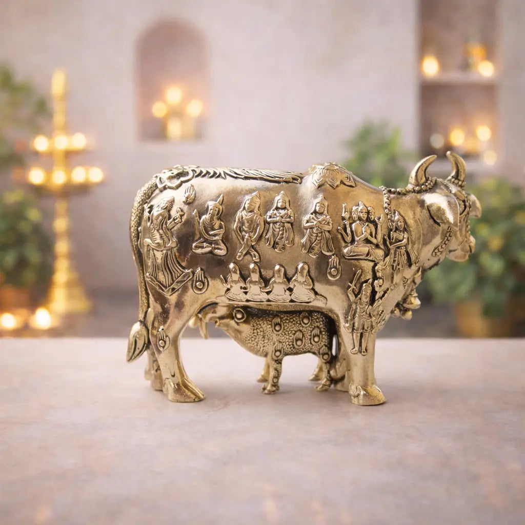 Brass Lightweight Kamdhenu Cow With Calf Idol (4 Inch) Vedansh Craft