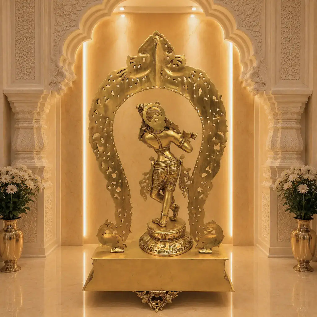Brass Standing Krishna Idol On Throne / Singhasan (31 Inch) Vedansh Craft