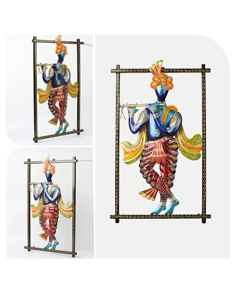 Handcrafted Metal Krishna Flute Playing Wall Hanging Showpiece
